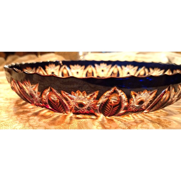 Vintage Czech Bohemian Cut to Clear 12.5" Bowl Feather Pattern Brown Orange - Picture 12 of 16